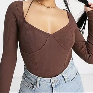 ASOS DESIGN Hourglass rib bodysuit with bust seams in brown